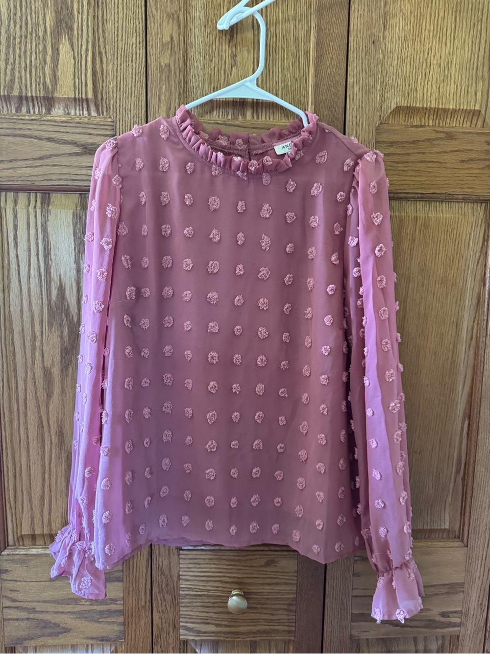 Pink Ruffle Neck Sheer Dot Blouse - Women